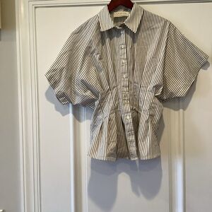 Exquise Maven Shirt Striped Cotton Button-Up Blouse in White and Green Size S